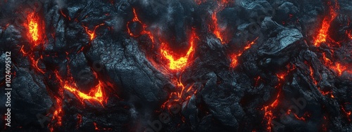 Glowing lava flowing through dark volcanic rocks in fiery landscape