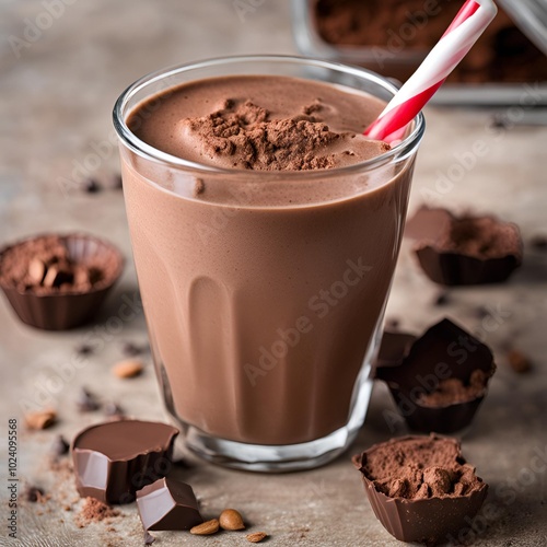 Photo of a chocolate protein shake in a glass with smooth texture and rich color
