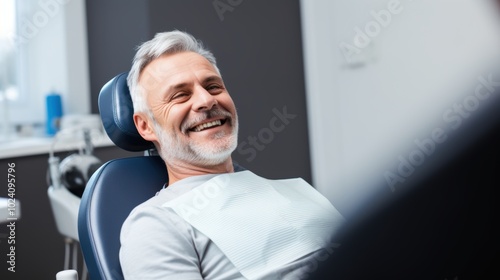 A man is happily smiling while comfortably seated in a dental chair, showing a cheerful mood despite being at the dentists office