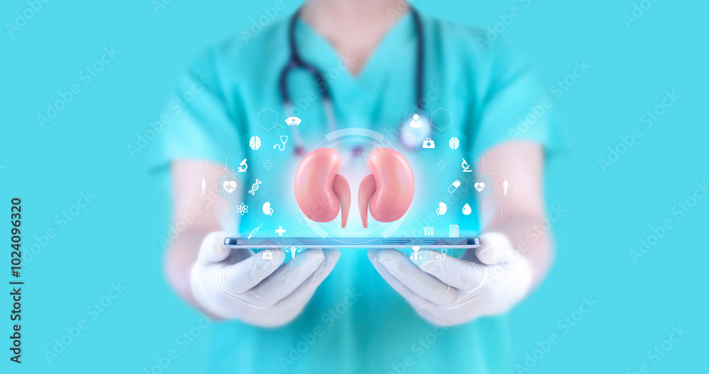 Doctor examines kidneys through hologram. Nephrology and medical care for kidney problems. Nephrologist on emerald green background.