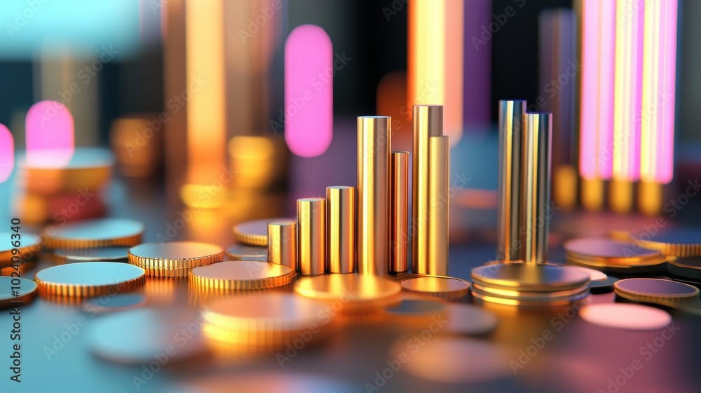 A vibrant arrangement of golden coins and bar charts, symbolizing finance, investment, and economic growth in a visually appealing manner. A vibrant arrangement of golden coins and bar charts, symbolizing finance, investment, and economic growth in a visually appealing manner.