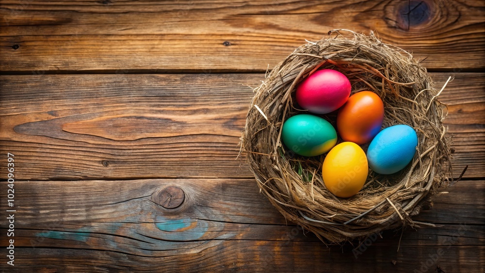 A rustic wooden background with a woven nest containing vibrantly colored eggs, symbolizing the joy and renewal of the spring season A rustic wooden background with a woven nest containing vibrantly colored eggs, symbolizing the joy and renewal of the spring season