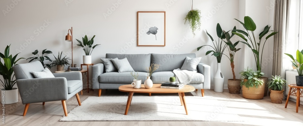 Fototapeta premium Scandinavian living room with gray sofa, armchair, and plants. Cozy decor. AI generate.