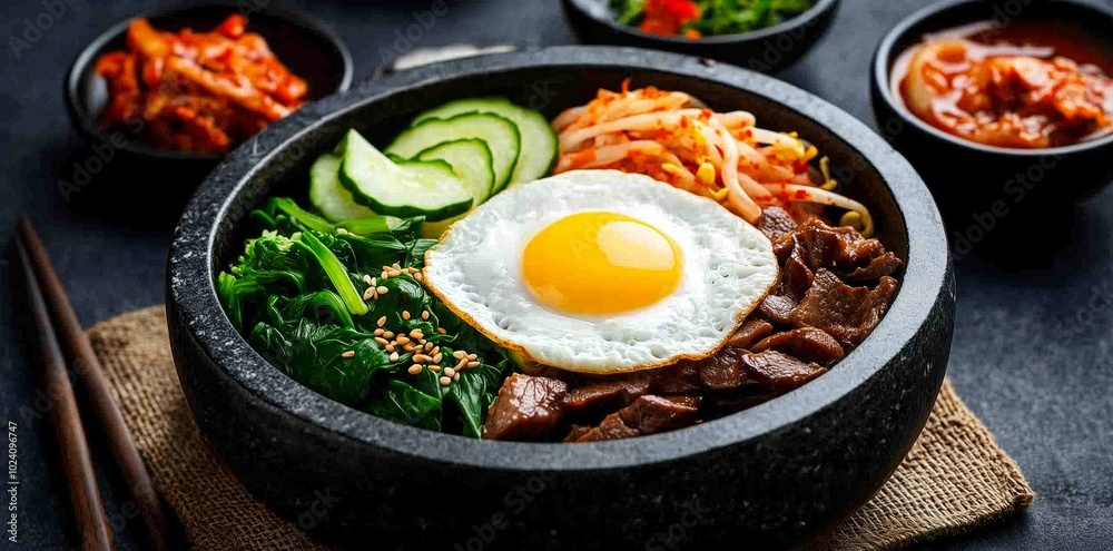 Authentic Dolsot Bibimbap served in a hot stone pot with colorful ingredients and chopsticks. Food concept Authentic Dolsot Bibimbap served in a hot stone pot with colorful ingredients and chopsticks. Food concept
