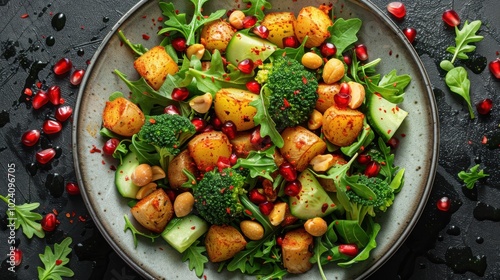 Green salad with avocado, cucumber, broccoli, potatoes and peanuts on white restaurant plate. Healthy organic vegan salat with sliced alligator pear or avocado pear and pomegranate top view