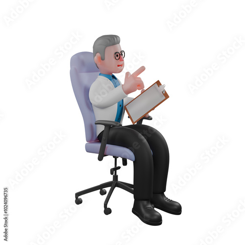 Professional 3D Physicist. A male physicist sits on a chair holding a clipboard in his left hand and pointing forward with his right hand. Male Science Expert photo