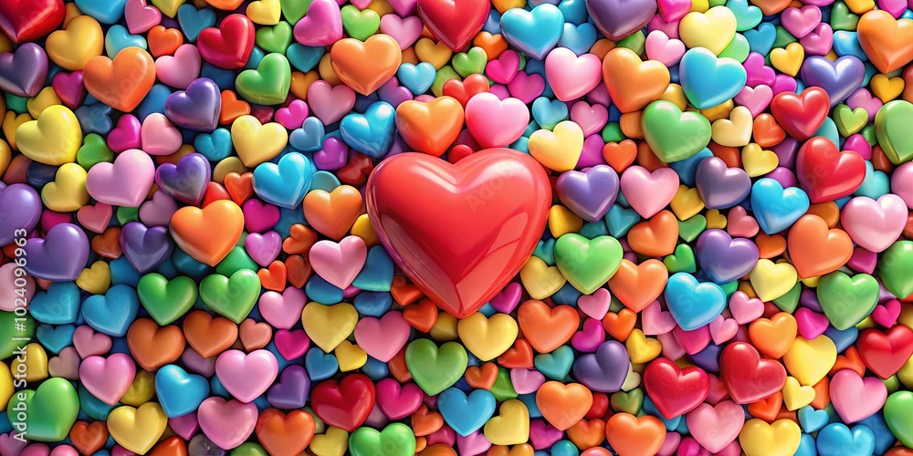 Obraz premium A vibrant and colorful display of heart shapes, all rendered in a glossy, 3D style. The central heart, larger than the others, stands out in its bright red hue.