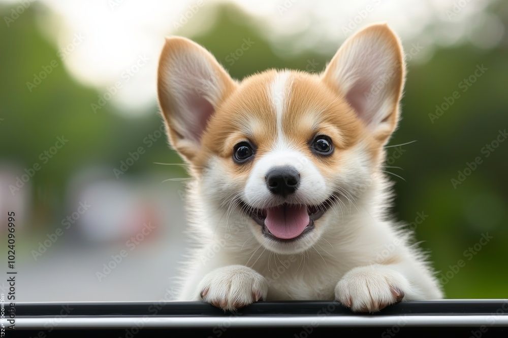 Adorable corgi puppy with a joyful expression, peering over a railing in a vibrant outdoor setting, showcasing playful innocence. Adorable corgi puppy with a joyful expression, peering over a railing in a vibrant outdoor setting, showcasing playful innocence.