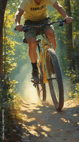 Mountain biker on forest trail under sunlight with dust and greenery