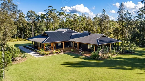 Modern House with a Lush Lawn and Tranquil Surroundings