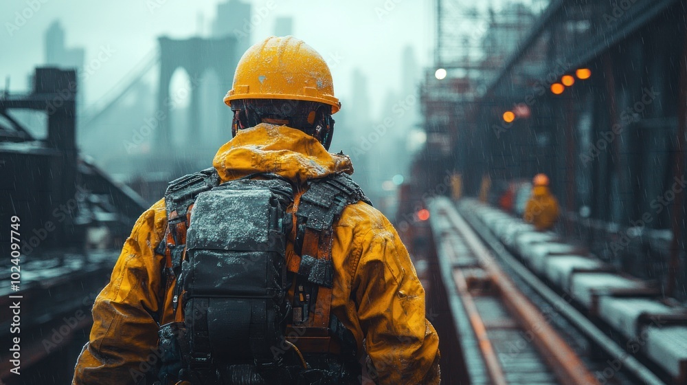 Construction worker in yellow jacket and hardhat walking on a bridge in the rain, with the Brooklyn Bridge in the background. Construction worker in yellow jacket and hardhat walking on a bridge in the rain, with the Brooklyn Bridge in the background.