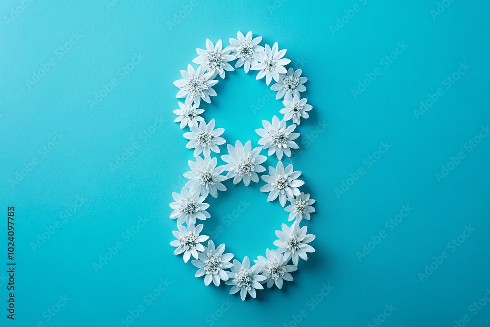 Elegant Figure 8 Design Created from White Paper Flowers on a Soft Blue Background for Artistic and Decorative Elegant Figure 8 Design Created from White Paper Flowers on a Soft Blue Background for Artistic and Decorative