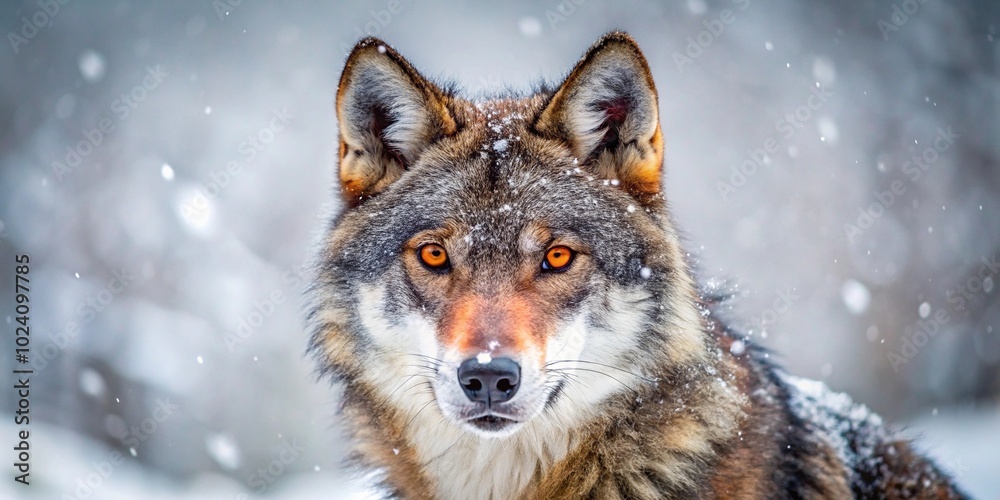 Intense red-eyed grey wolf blending into snowy Arctic wilderness macro shot Intense red-eyed grey wolf blending into snowy Arctic wilderness macro shot