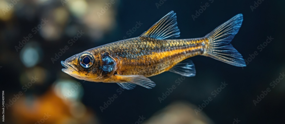 Fototapeta premium A small, brown and blue fish with a large eye swims in an aquarium with a blurry background.
