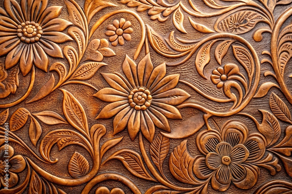 Intricate floral carvings on leather surface Intricate floral carvings on leather surface