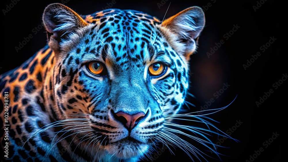 Obraz premium A Close-Up Portrait of a Feline With Striking Blue and Orange Hues, Illuminating Its Predatory Nature