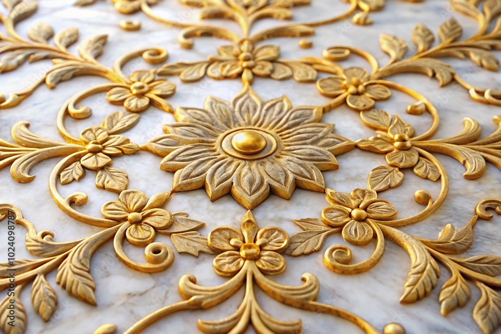Obraz premium Intricate golden flowers patterned on pristine white marble capturing elegance Low Angle