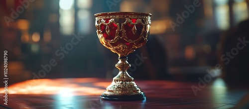Ornate Golden Chalice on a Wooden Table