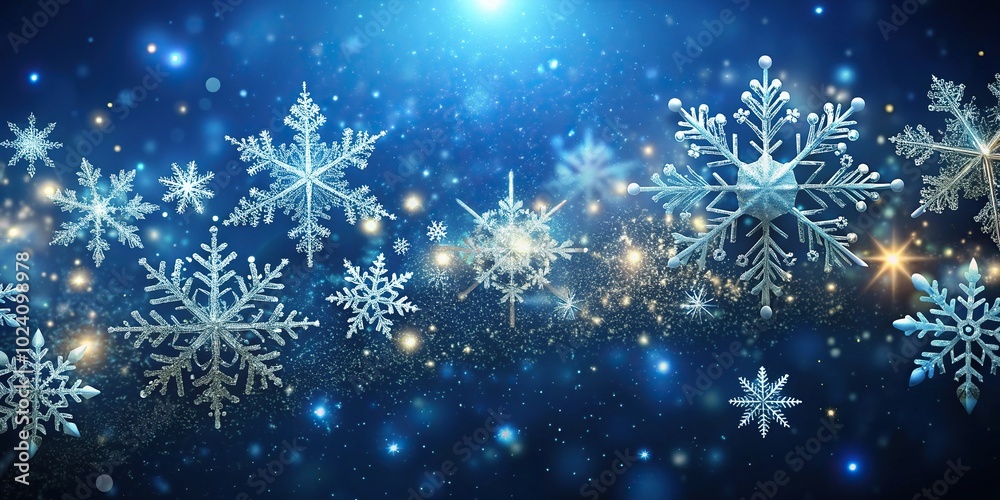 Intricate sparkling snowflakes in a dark blue background Magical Christmas wintry atmosphere Long Shot Intricate sparkling snowflakes in a dark blue background Magical Christmas wintry atmosphere Long Shot