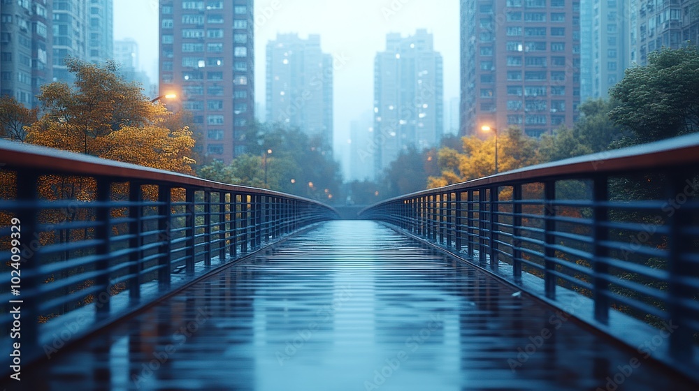 A wet wooden bridge in the city during a misty morning. A wet wooden bridge in the city during a misty morning.
