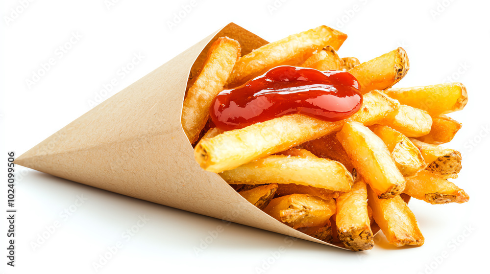 Crispy french fries with ketchup in a paper cone, white isolate background. Crispy french fries with ketchup in a paper cone, white isolate background.