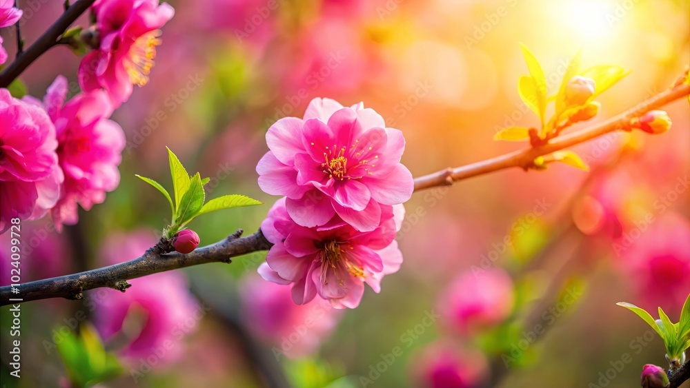 Obraz premium Delicate pink blossoms on a branch bathed in the warm glow of the setting sun, a symphony of springtime beauty