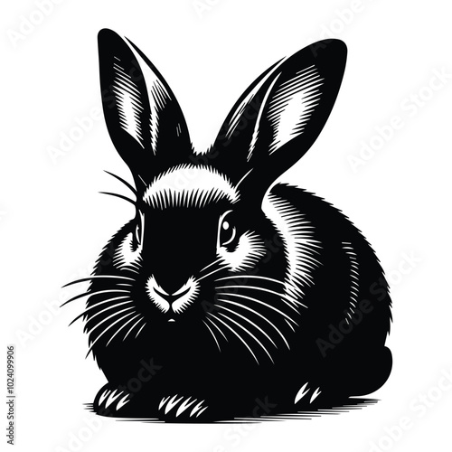 A monochrome drawing of a rabbit with an assortment of carrots and other vegetables nearby