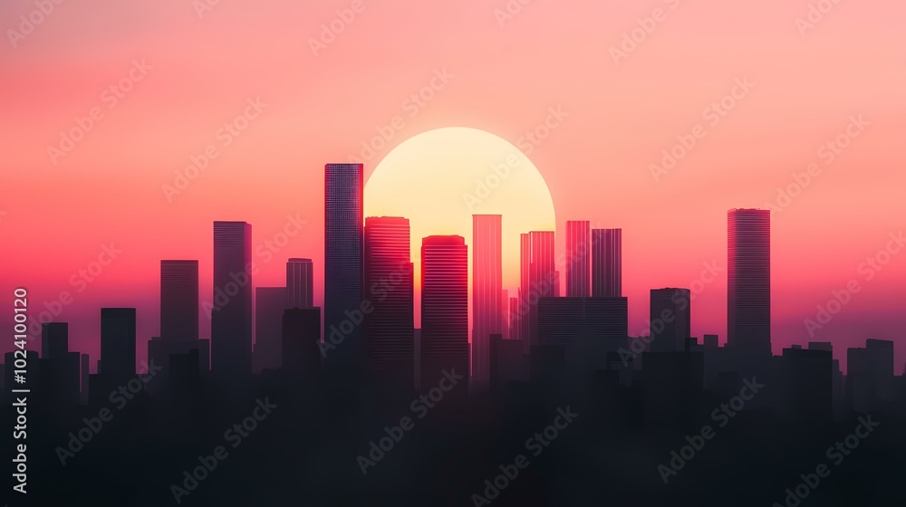 A silhouette of a city skyline with skyscrapers against a bright pink and yellow sunset sky.