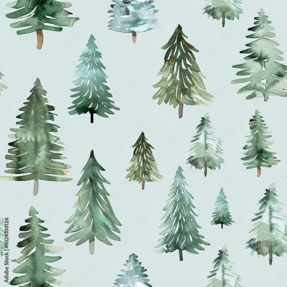 Obraz premium Watercolor Christmas trees in various shades of green create serene and festive pattern. Perfect for holiday themed designs.