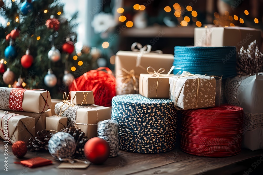 A pile of wrapped gifts and decorations, including red ribbon, blue yarn, white paper with black lines A pile of wrapped gifts and decorations, including red ribbon, blue yarn, white paper with black lines