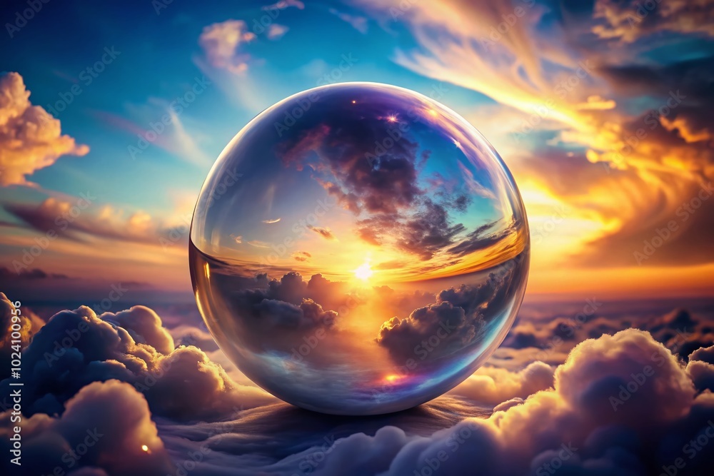 Enchanting Crystal Ball in the Sky Surrounded by Ethereal Clouds and Celestial Light for Mystical and Fantasy Themes Enchanting Crystal Ball in the Sky Surrounded by Ethereal Clouds and Celestial Light for Mystical and Fantasy Themes