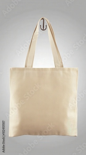 Stylish beige tote bag hanging on a hook in soft light photo