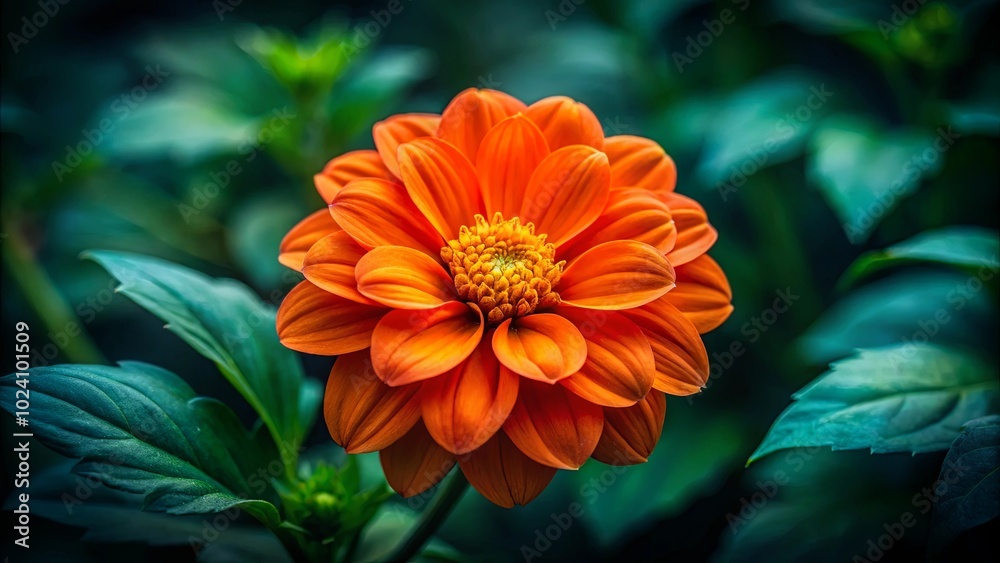 A vibrant orange flower with delicate petals, its intricate center a symphony of golden hues, stands out against a backdrop of lush green foliage. A vibrant orange flower with delicate petals, its intricate center a symphony of golden hues, stands out against a backdrop of lush green foliage.