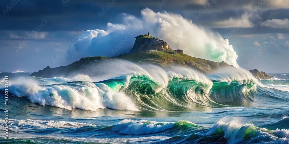 Fototapeta premium Island landscape with large waves during a typhoon Close-Up