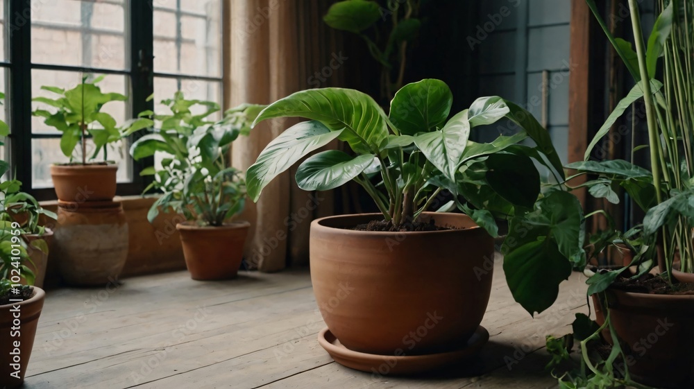 Lush indoor garden featuring a large potted plant and various smaller greenery in a cozy, sunlit room Lush indoor garden featuring a large potted plant and various smaller greenery in a cozy, sunlit room