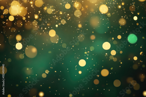 Green and gold bokeh lights illuminating a festive background.