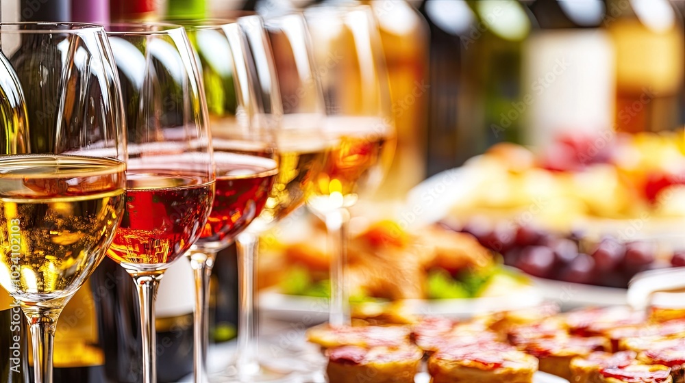 Wine Glasses in a Row on Buffet Table Wine Glasses in a Row on Buffet Table