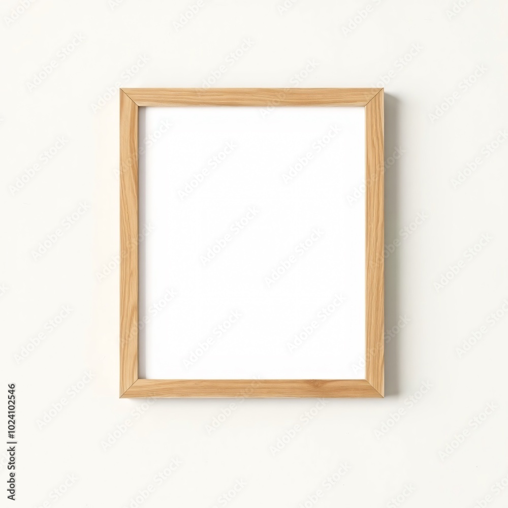 Empty wooden frame hanging on a light cream wall, awaiting artwork or a cherished photo for decoration and personalization Empty wooden frame hanging on a light cream wall, awaiting artwork or a cherished photo for decoration and personalization
