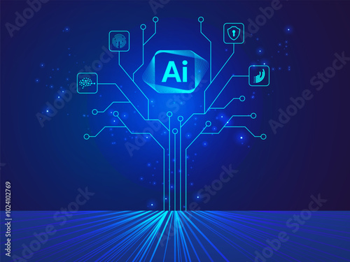 Artificial Intelligence with Digital circuit board tree algorithm Technology Analysis vector design concept. AI technology for advance technology, robotic, web, new technology, ui, business, big data.