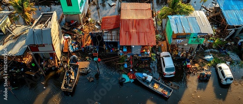 Aerial view of damaged homes and vehicles after a natural disaster, revealing destruction. hurricane