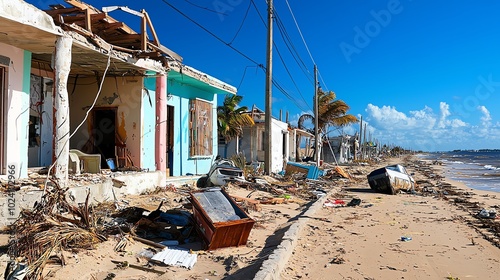 Devastated beachside houses after a storm, with debris scattered on sandy shore. hurricane