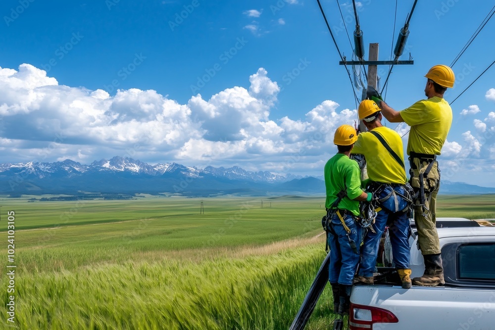 Workers maintaining power lines in a rural area, with vast fields and distant mountains in the background Workers maintaining power lines in a rural area, with vast fields and distant mountains in the background
