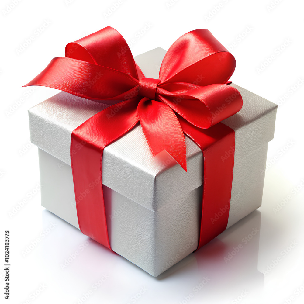 Fototapeta premium Gift box with red ribbon bow, isolated on a white background. Celebration greeting concept