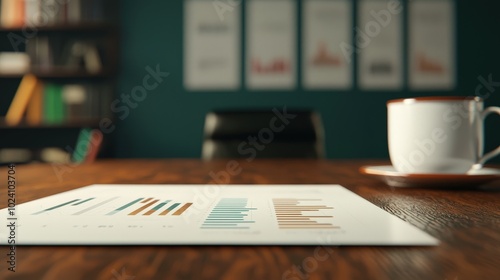 Financial planner's desk with graphs and papers, 3D render by Blender, perspective shot.