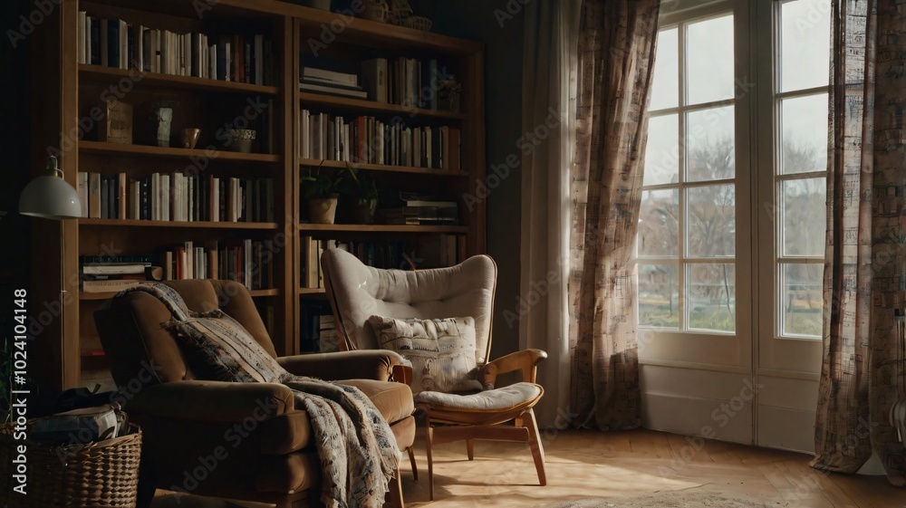Cozy reading nook in a sunlit room with bookshelves and large windows during the afternoon Cozy reading nook in a sunlit room with bookshelves and large windows during the afternoon