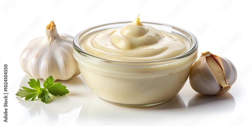 Isolated small pot of garlic mayonnaise Isolated small pot of garlic mayonnaise