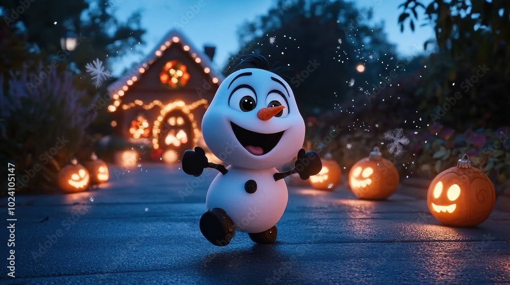 Obraz premium Cheerful Snowman in Halloween Setting with Pumpkins