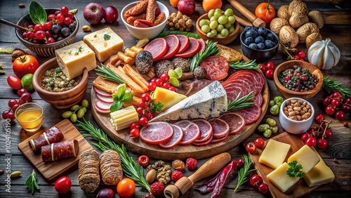 Festive Charcuterie Board with Meats and Cheeses for a Holiday Dinner Celebration