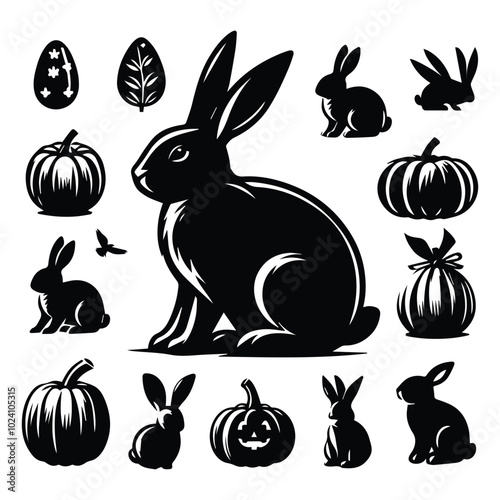 A monochrome drawing of a rabbit with an assortment of carrots and other vegetables nearby