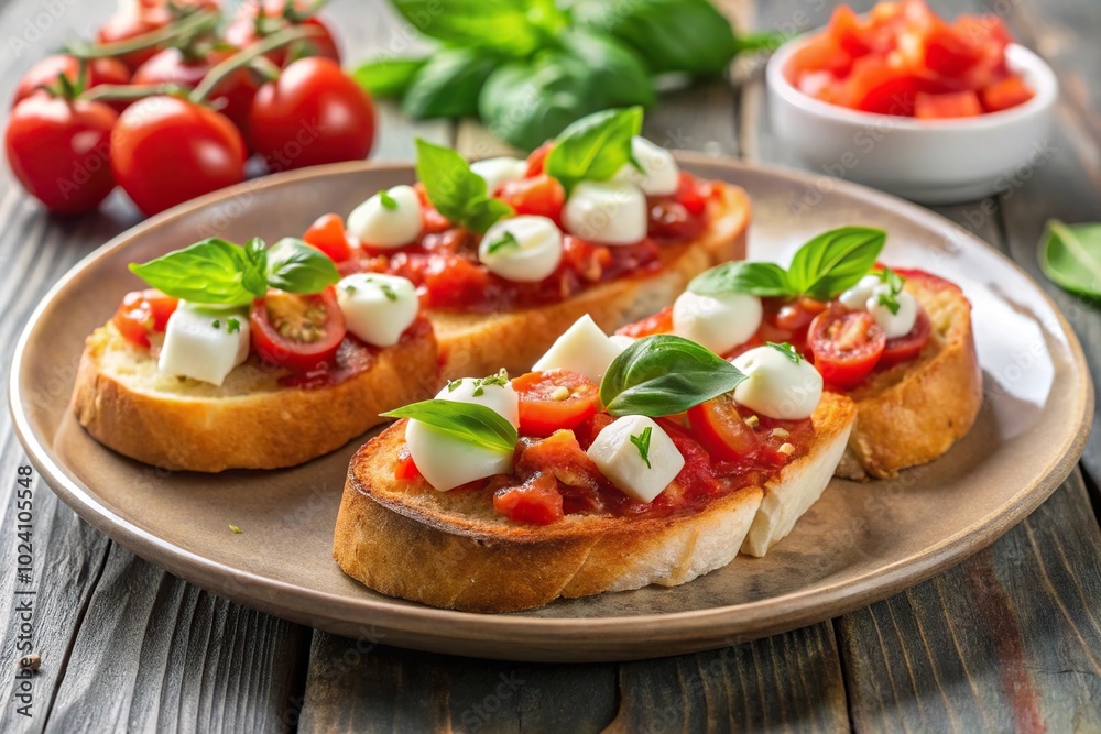 Italian appetizer bruschetta with tomato sauce, mozzarella, and fresh basil on a plate silhouette Italian appetizer bruschetta with tomato sauce, mozzarella, and fresh basil on a plate silhouette